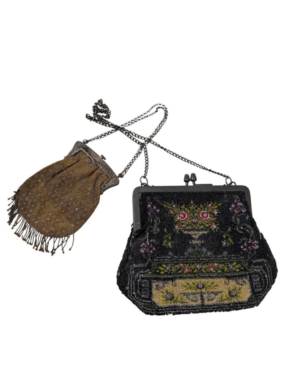 Victorian Black Beaded Tapestry Evening Bag & Small Gold Fringed Vintage 1920s